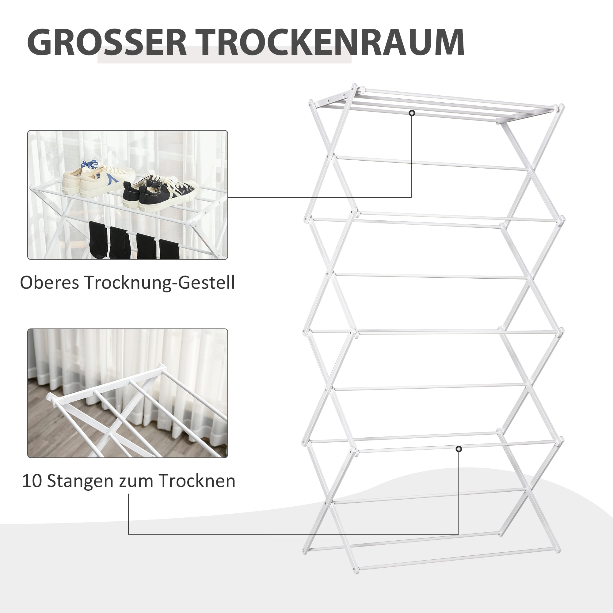 HOMCOM Wäscheständer mit 8 Ebenen weiß 74 x 35 x 144 cm (LxBxH)