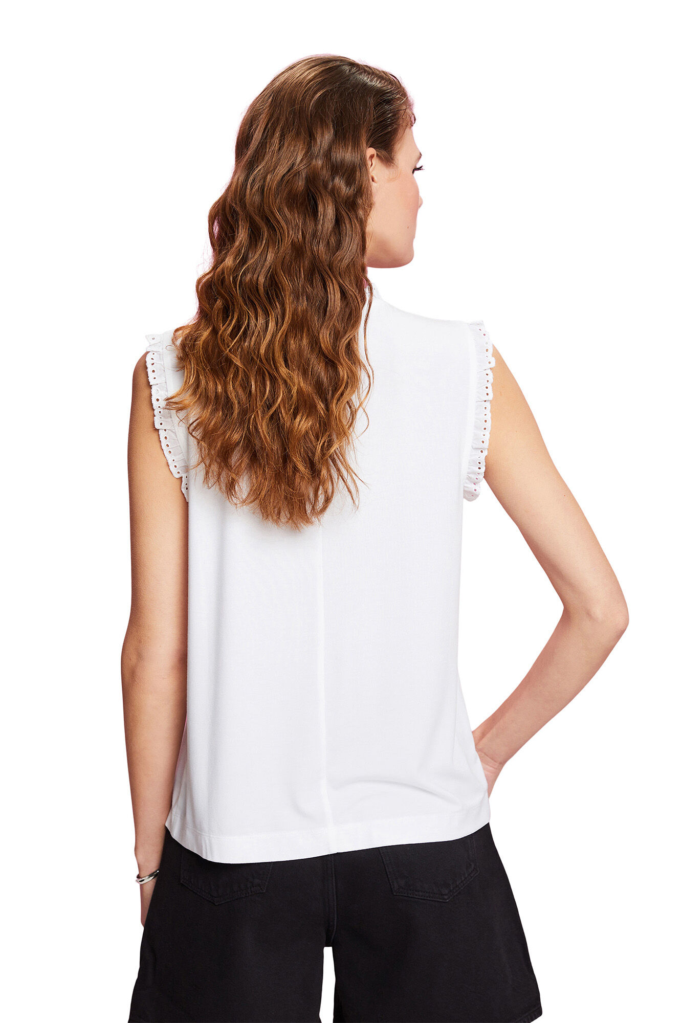 Blusa sem mangas com gola franzida em viscose - Branca