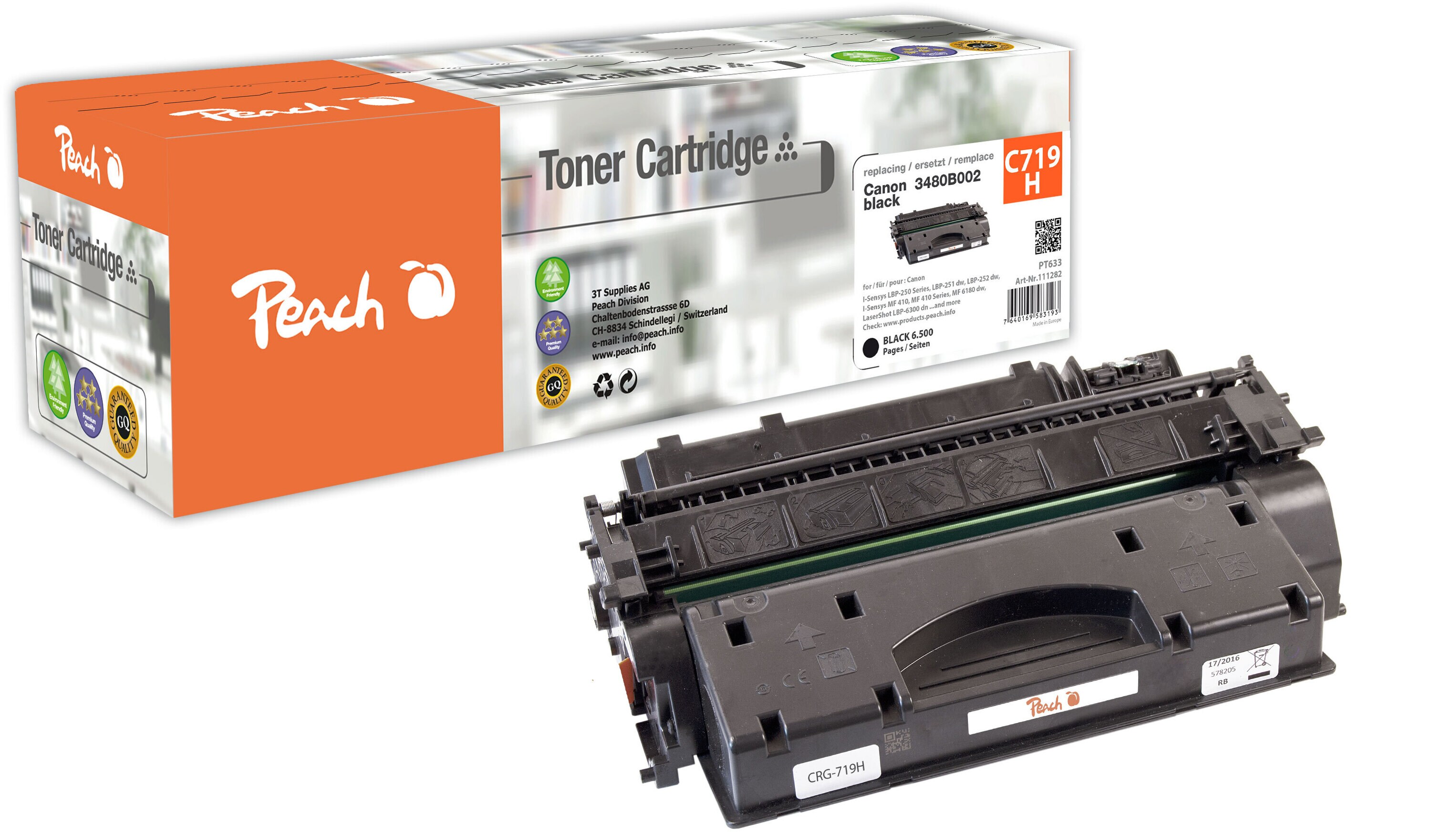 Peach HP 719 HBK Toner XL bk ersetzt Canon No. 719H BK, 3480B002 für z.B. Canon ISensys LBP -6300 dn, Canon ISensys LBP -6300, Canon LBP -6300 dn (wiederaufbereitet)