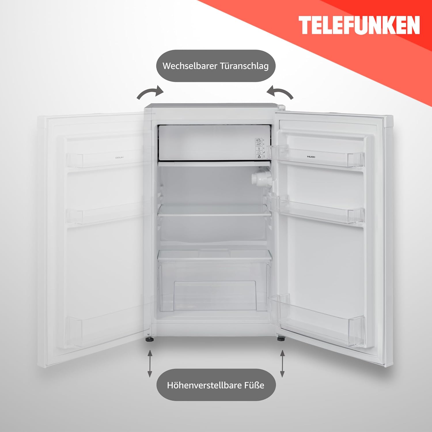TELEFUNKEN Kühlschrank mit Gefrierfach (nur für Eiswürfel) | Freistehend | 89 Liter Nutzinhalt | Kühlschrank klein mit Gemüsefach | LED-Beleuchtung | Türanschlag wechselbar | CF-33-101-W2 weiß