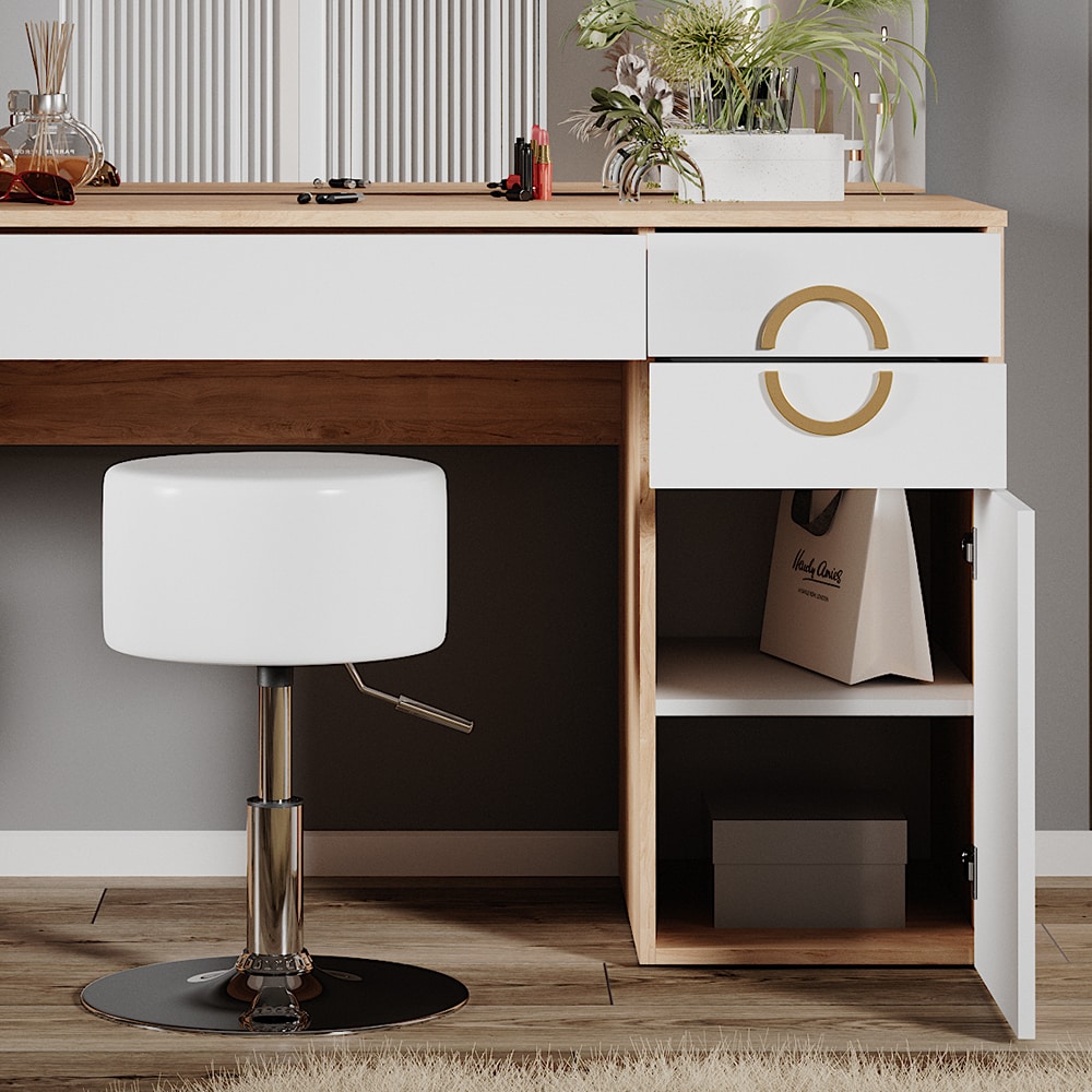 Vicco Schminktisch Adela Natural Rockford Hickory Weiß 115x76 cm Spiegel, Hocker