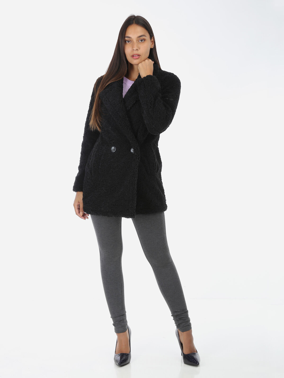 Manteau en tissu moutonné- Noir