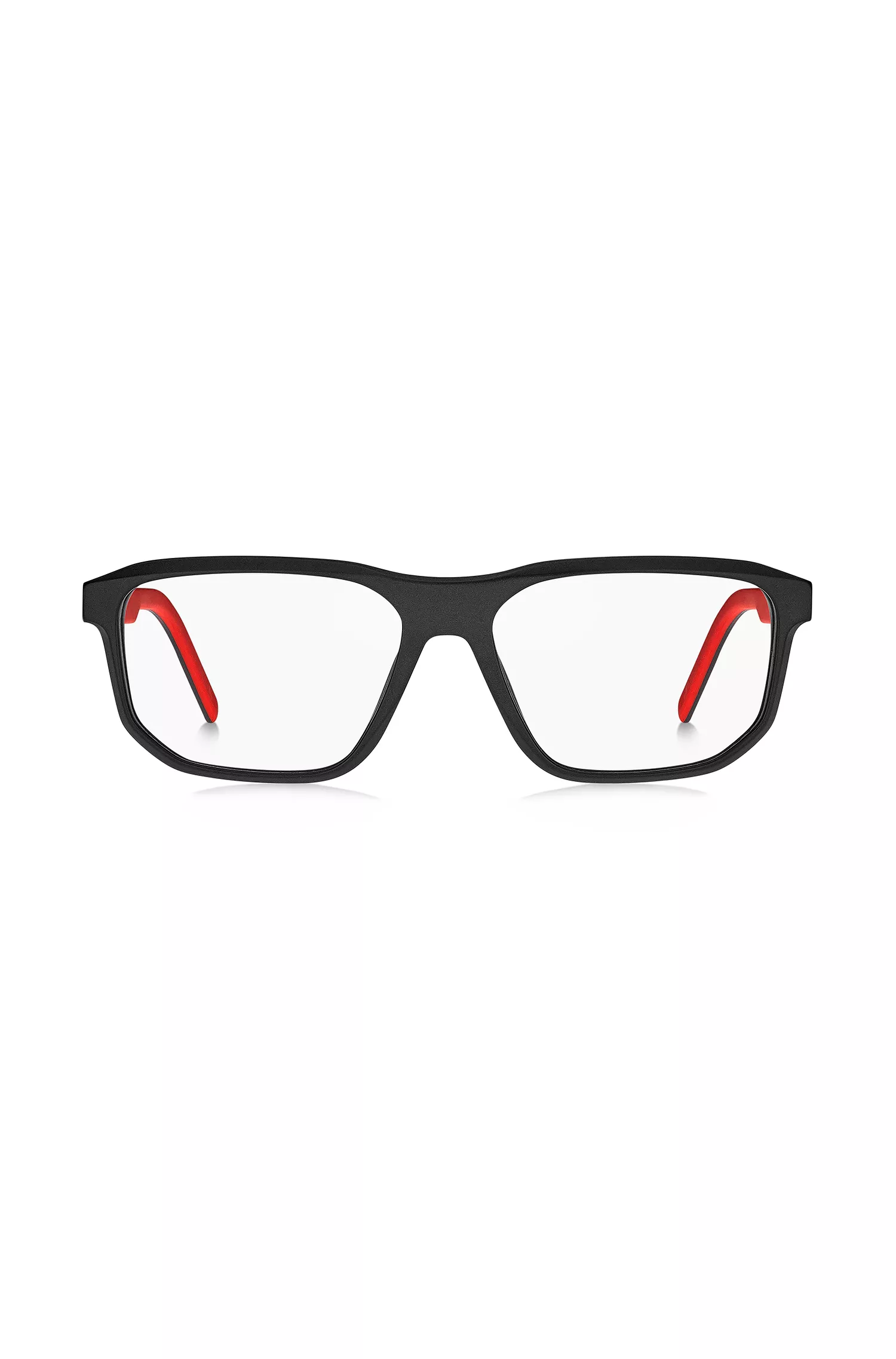 Armação de óculos HUGO em acetato vermelho e preto com logotipo emborrachado.