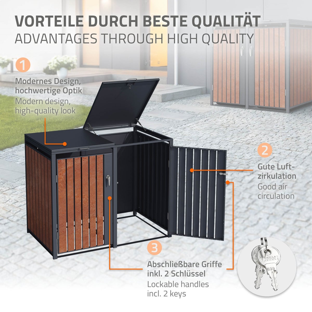 ML-Design Dubbele Bin Opbergkast voor 2 Bins, 240L per stuk, 132x80x116,3 cm, Antraciet Roestlook, Staal/Cortenstaal, Afsluitbare Bin-deksel met Scharnierend Deksel/Deur, Bin Opbergkast, Bin Container, Bin-deksel