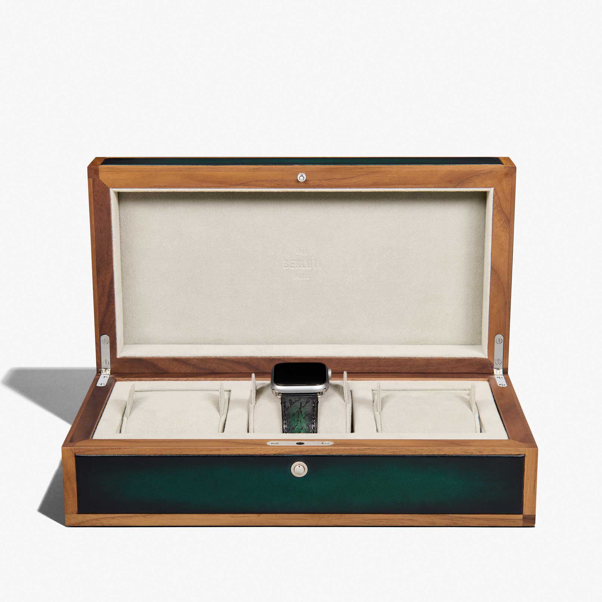 Boîte Trois Montres En Bois Et Cuir