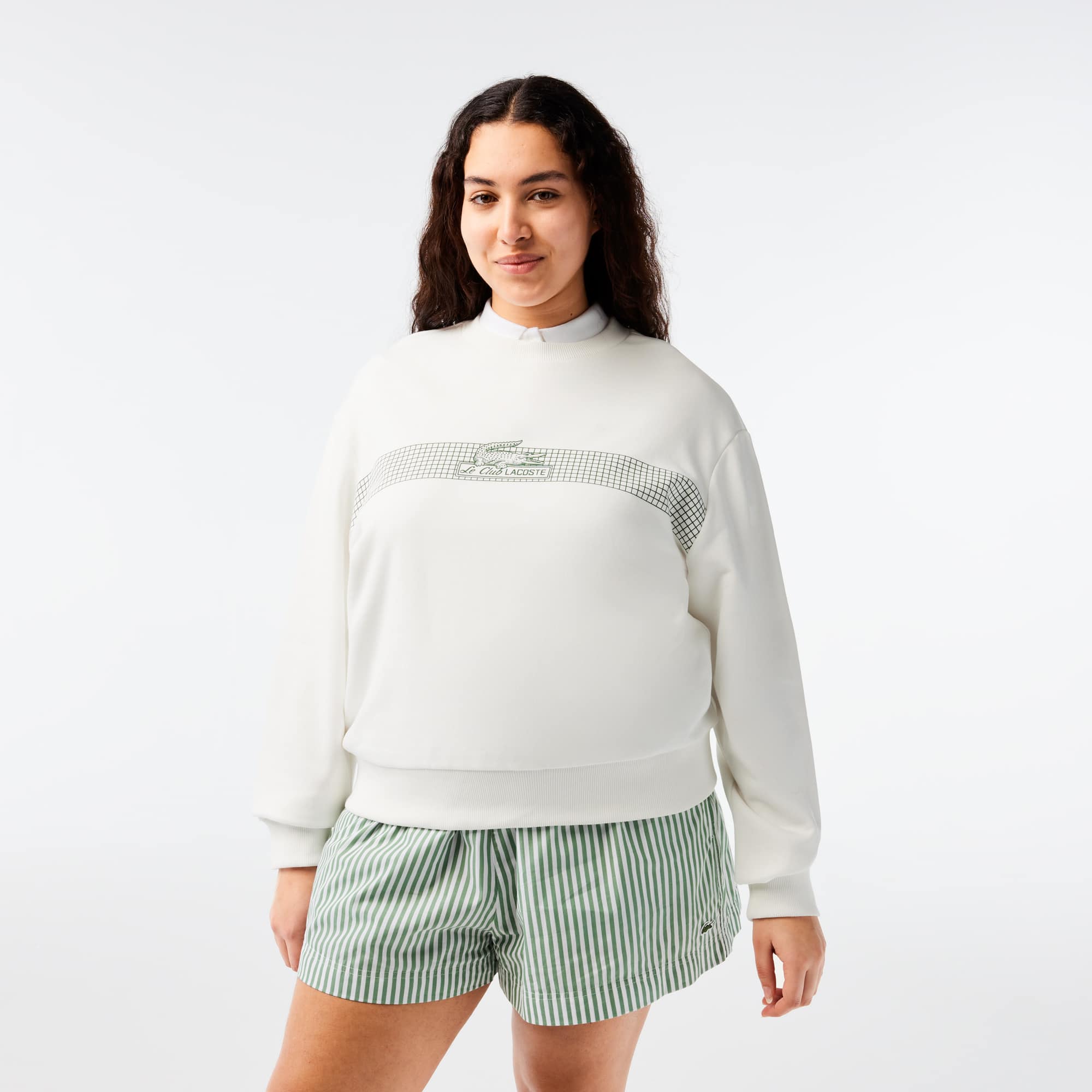 Sweatshirt col rond femme Lacoste imprimé filet de tennis Sweatshirts - Blanc - Lacoste - Femme