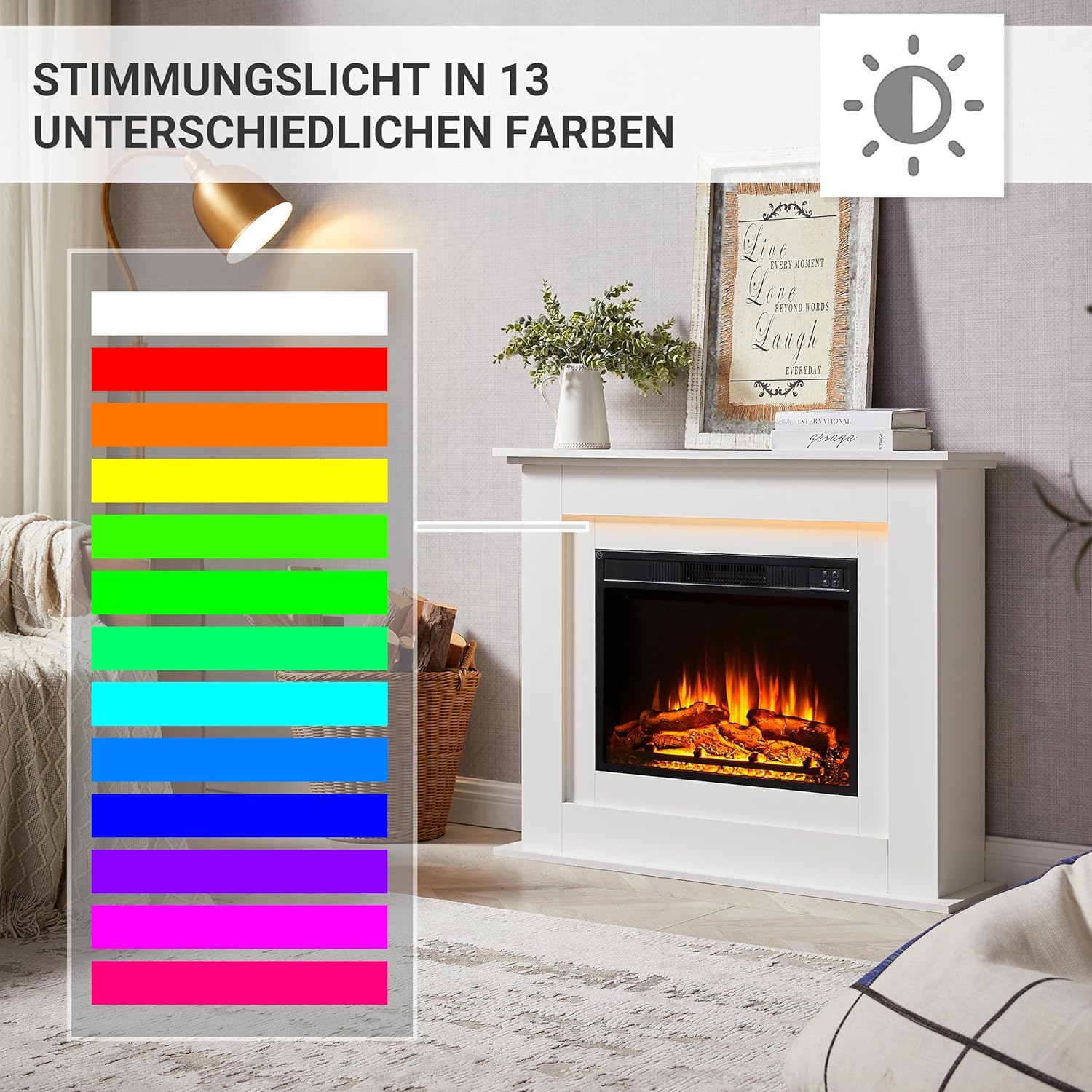 BALDERIA Finn Elektrokamin - Standkamin mit Heizung 2000 W, realistischer 3D-Flammeneffekt, Ambientebeleuchtung, Fernbedienung, Timer, Thermostat - Weiß