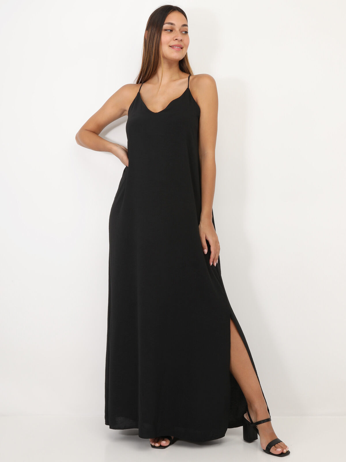 Robe longue fendue à dos croisé- Noir