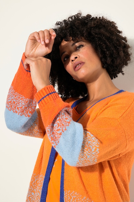 Strickjacke, offene Form, Feinstrick, Blockstreifen, Langarm