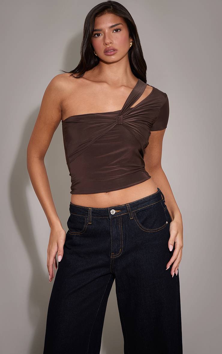 Chocolat Top Asymétrique Une Épaule À Détail Buste Drapé Double Couche Slinky