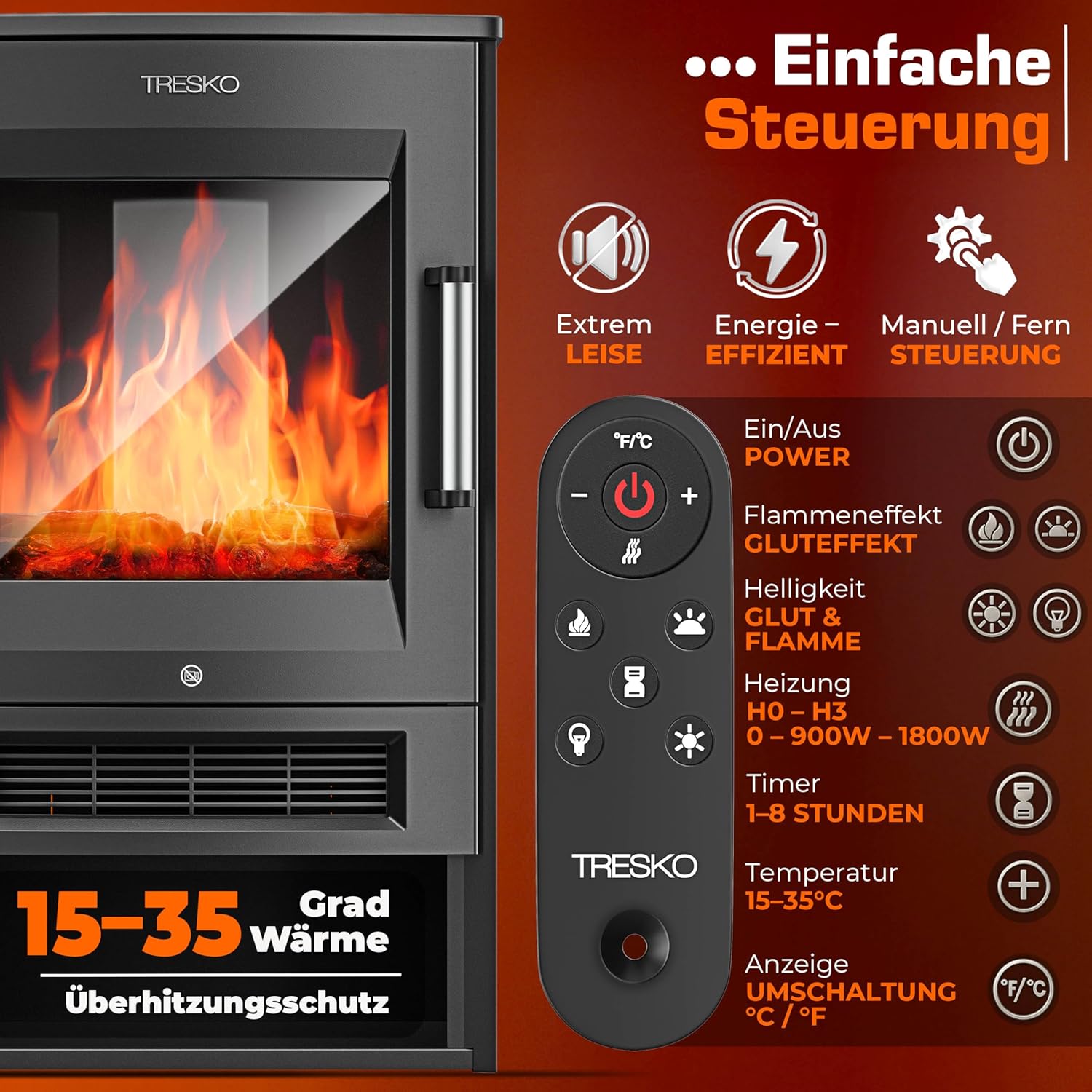 TRESKO® Elektrokamin mit Heizung inkl. Fernbedienung & WiFi App | Kamin elektrisch 1800W LED-Flammeneffekt Farbmodi | Kaminfeuer Thermostat, Timer | Elektro Kaminofen Standkamin 2 Heizstufen (Schwarz)