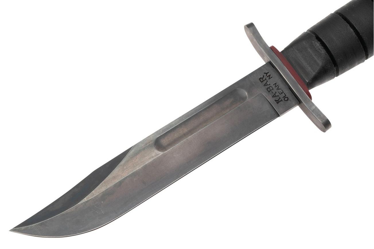 KA-BAR State & Union Dogshead Red Spacer SU6417DH, Gun Blued 1095CV, Stacked Leather, vaststaand mes