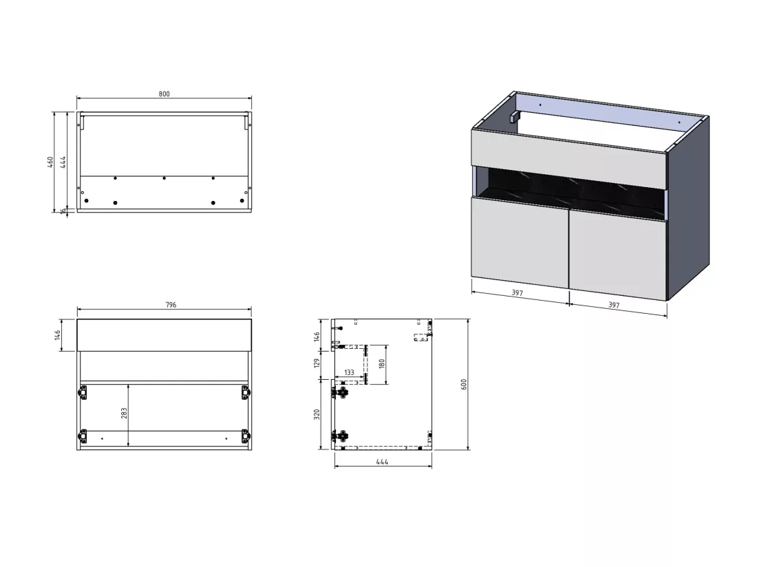 Meuble sous vasque suspendu à LEDs avec planche - Blanc et noir effet marbre - L80 cm - POZEGA
