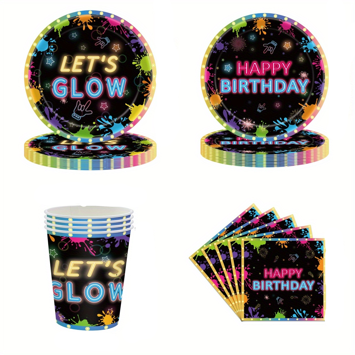 (194-tlg. Set) Happy Birthday Einweg Geschirr Geburtstags Party Tisch Deko inkl. Teller / Besteck / Tischdecke / Papp Becher - Let's Glow