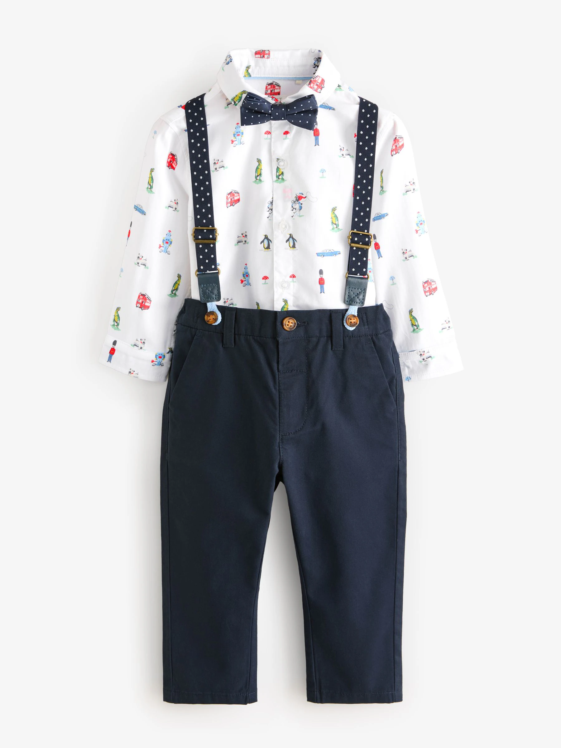 Marineblauw/wit - Cath Kidston set van overhemd, broek, bretels en strikdas (3mnd -9jr)