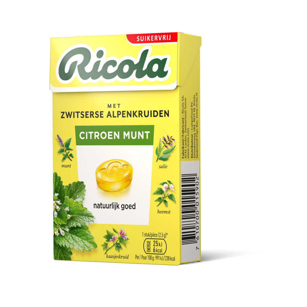 Ricola Keelpastilles Citroen Munt Suikervrij Doosje50 gr