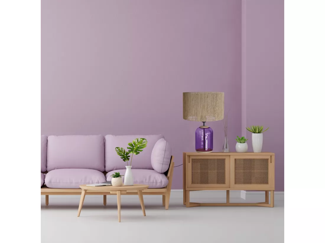 Lampe de chevet cylindre bois,verre,violet,fillage jute 53 cm.