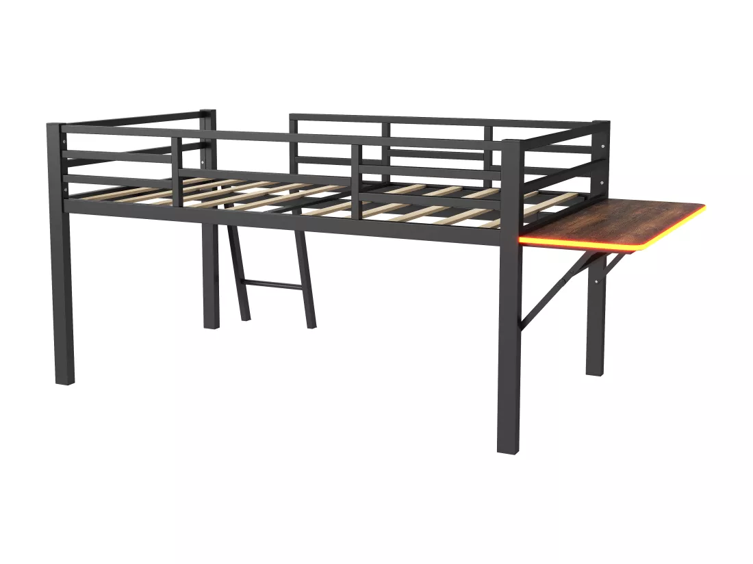 Lit plat en métal 90 x 200 cm, rails, échelle, bureau, télécommande Bande LED, noir