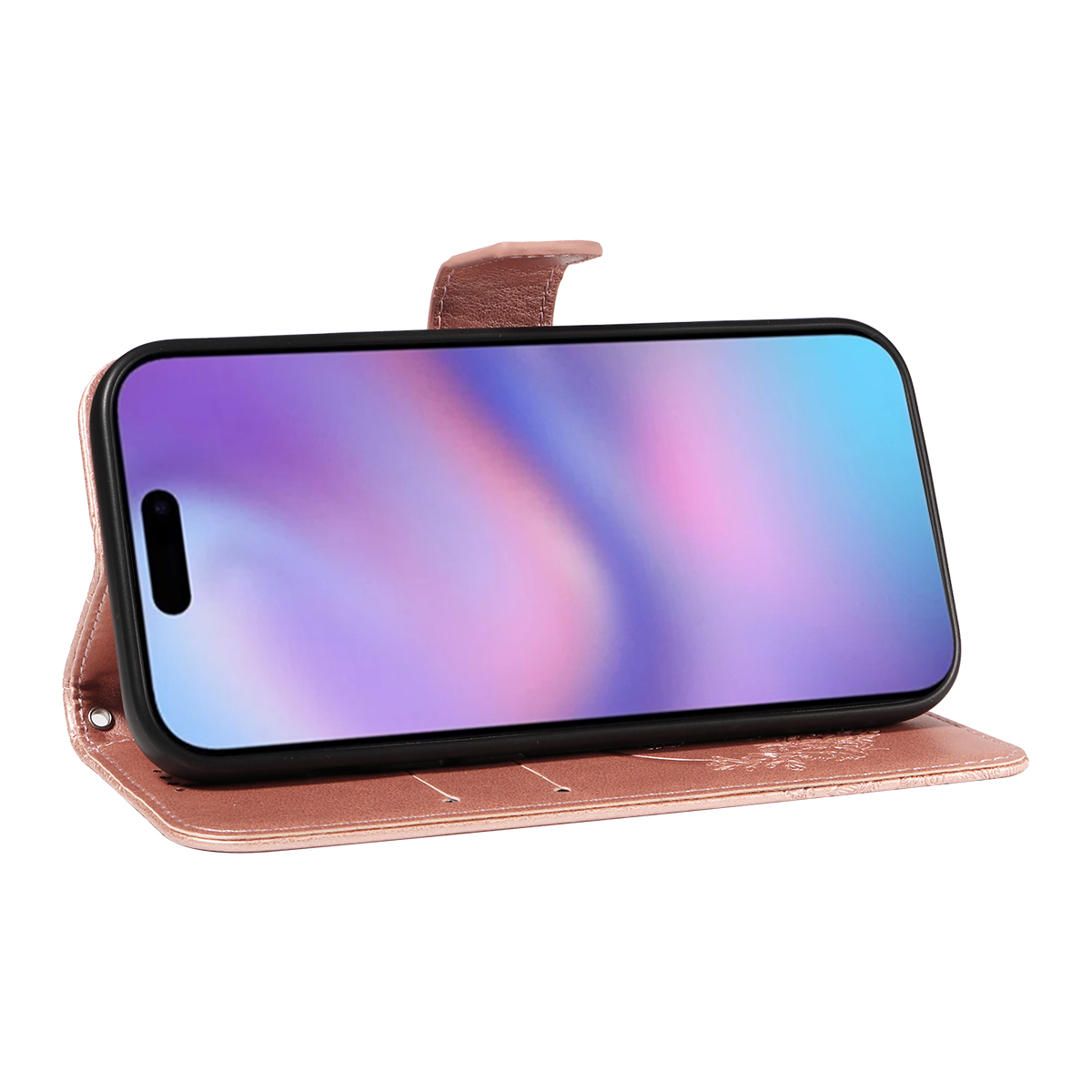 iPhone 17 Leder Tasche Flip Cover Schmetterlinge Imprint - Roségold