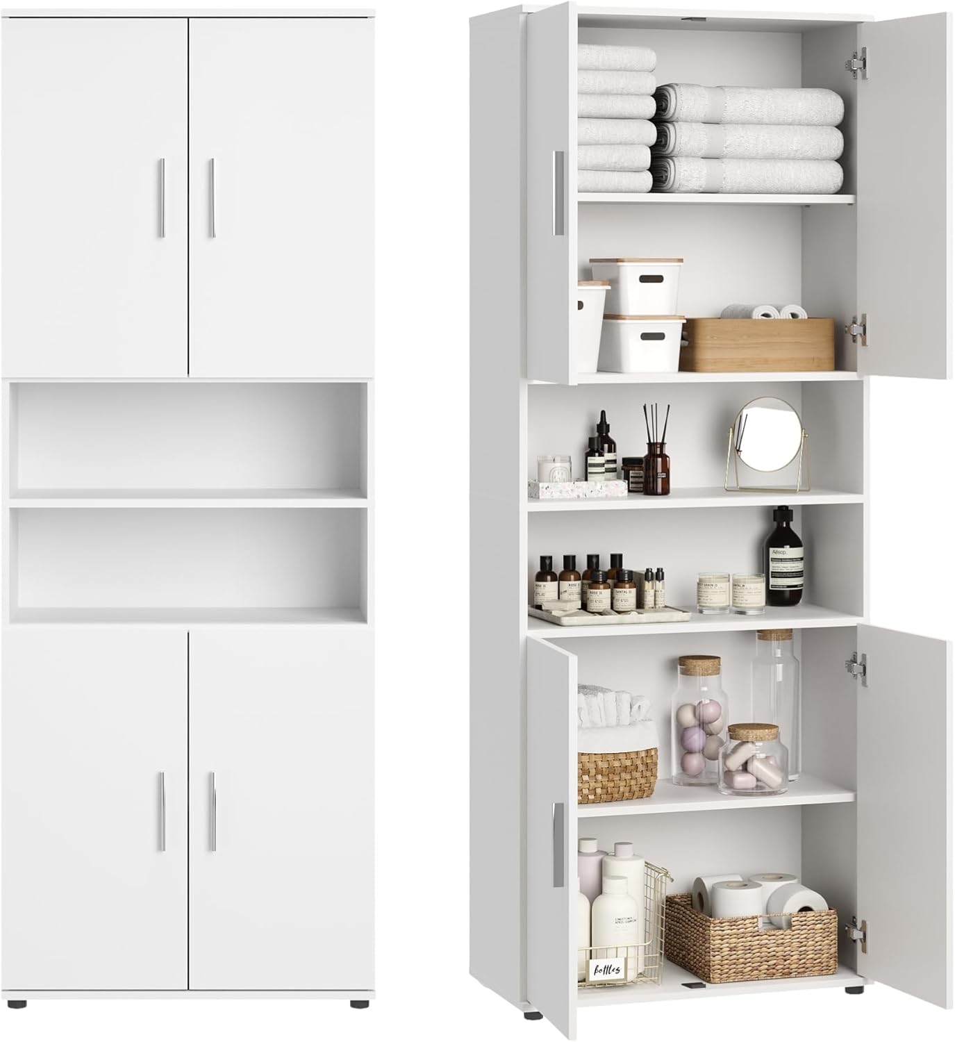Home Collective Badezimmerschrank Hochschrank Badschrank mit 6 Fächern, Badezimmer Aufbewahrung, Mehrzweckschrank für Bad, Keller & Hauswirtschaftsraum | 70x35x187 cm (BxTxH) | Weiß