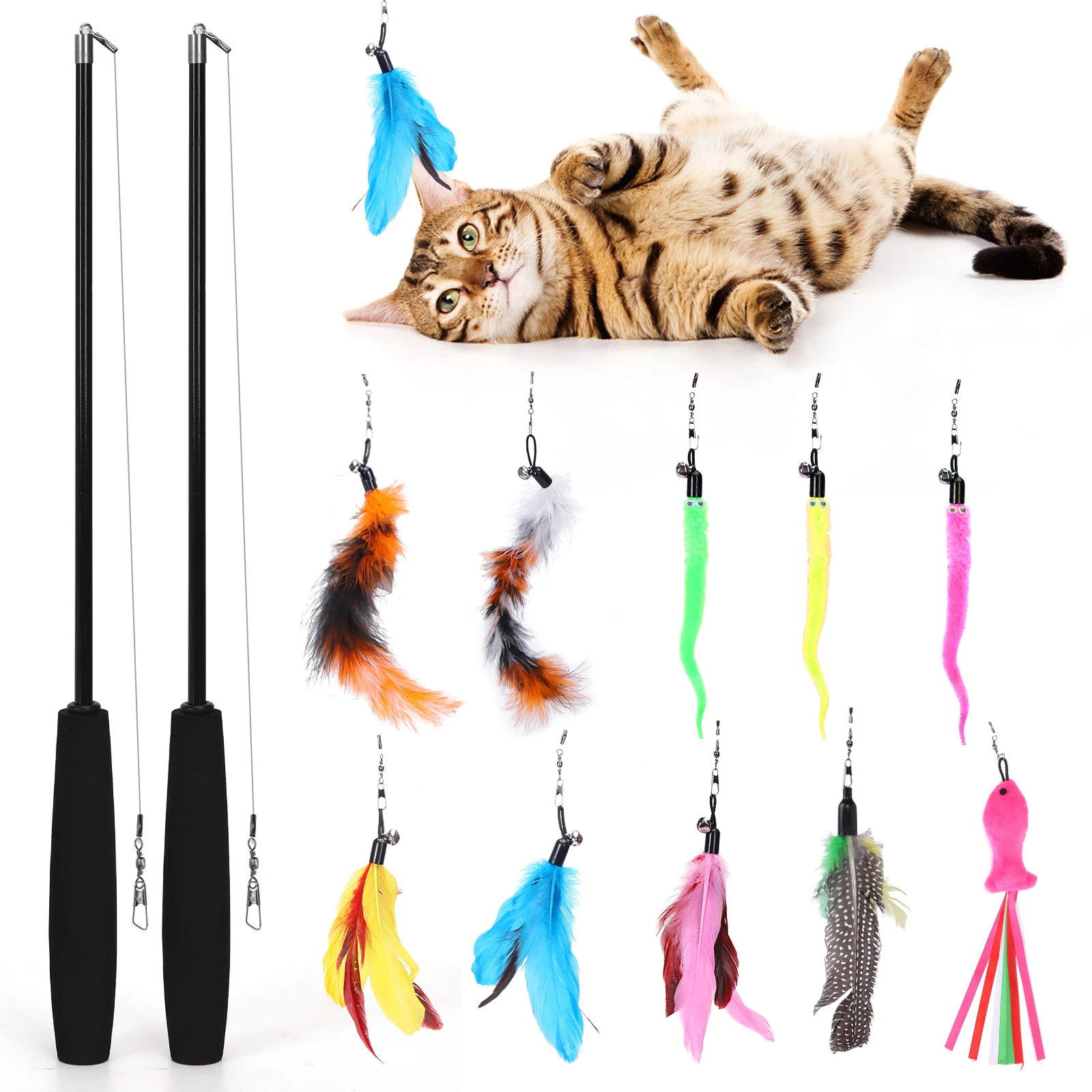 Nobleza - Brinquedo Interativo de Penas para Gatos, 12 Peças, 2 Varinhas Retráteis Divertidas e 10 Espinhos, Brinquedo Interativo de Penas, Brinquedos para Gatos com Sino (10 peças)