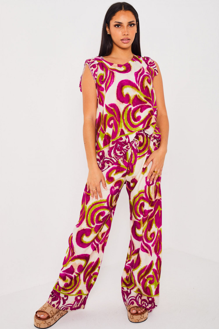 Ensemble 2 pièces top+ pantalon violet et vert