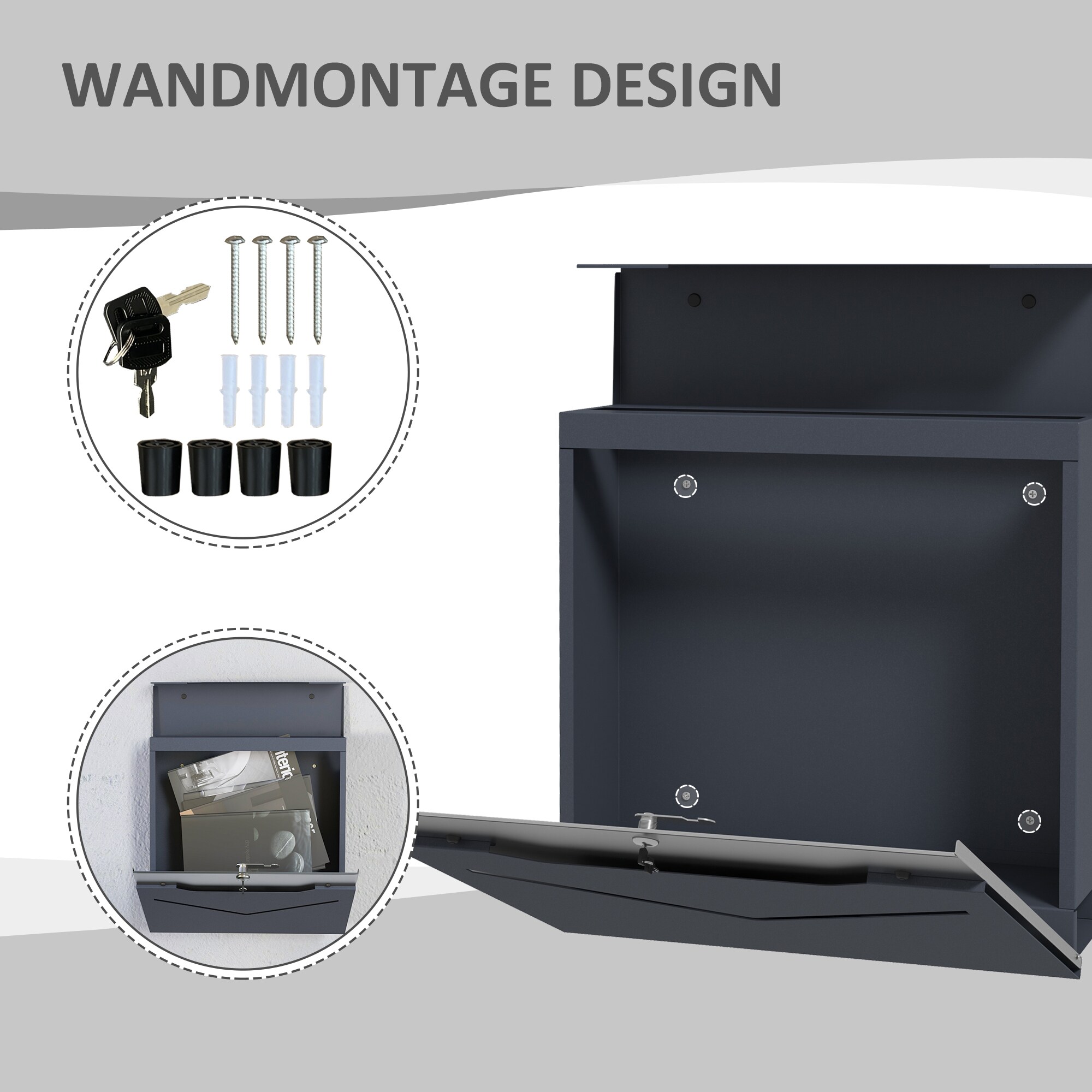 HOMCOM Briefkasten mit Sichtfenster und Wandbefestigung grau 37L x 10,5B x 37H cm