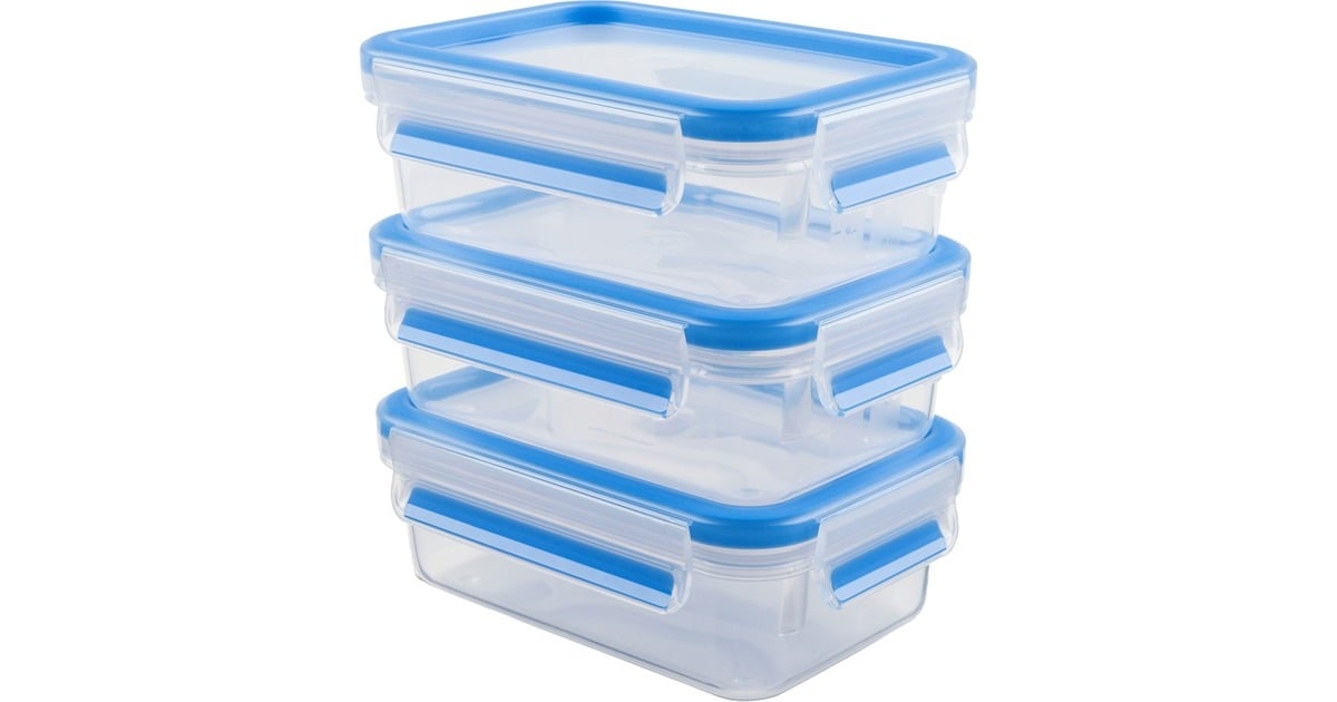 EmsaClip & Close vershoudbakjes 1 L doos  (Transparant/blauw, 3 stuks, rechthoekig)