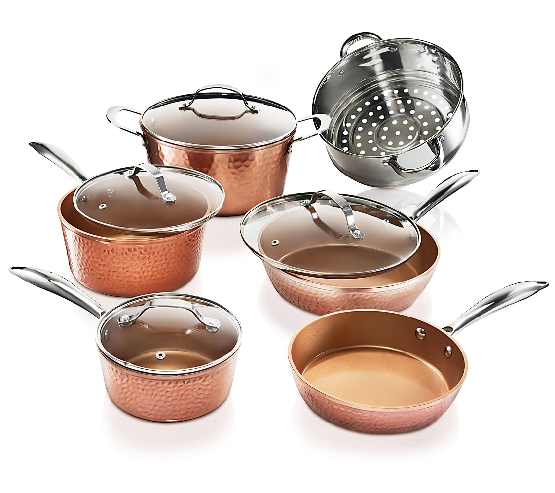GOTHAM STEEL Gehämmertes 15-teiliges Kupfer-Topf- und Pfannenset, antihaftbeschichtet, Küchen-Kochgeschirr-Sets, Topf- und Pfannen-Set, Keramik-Kochgeschirr-Set, ungiftiges Kochgeschirr-Set,