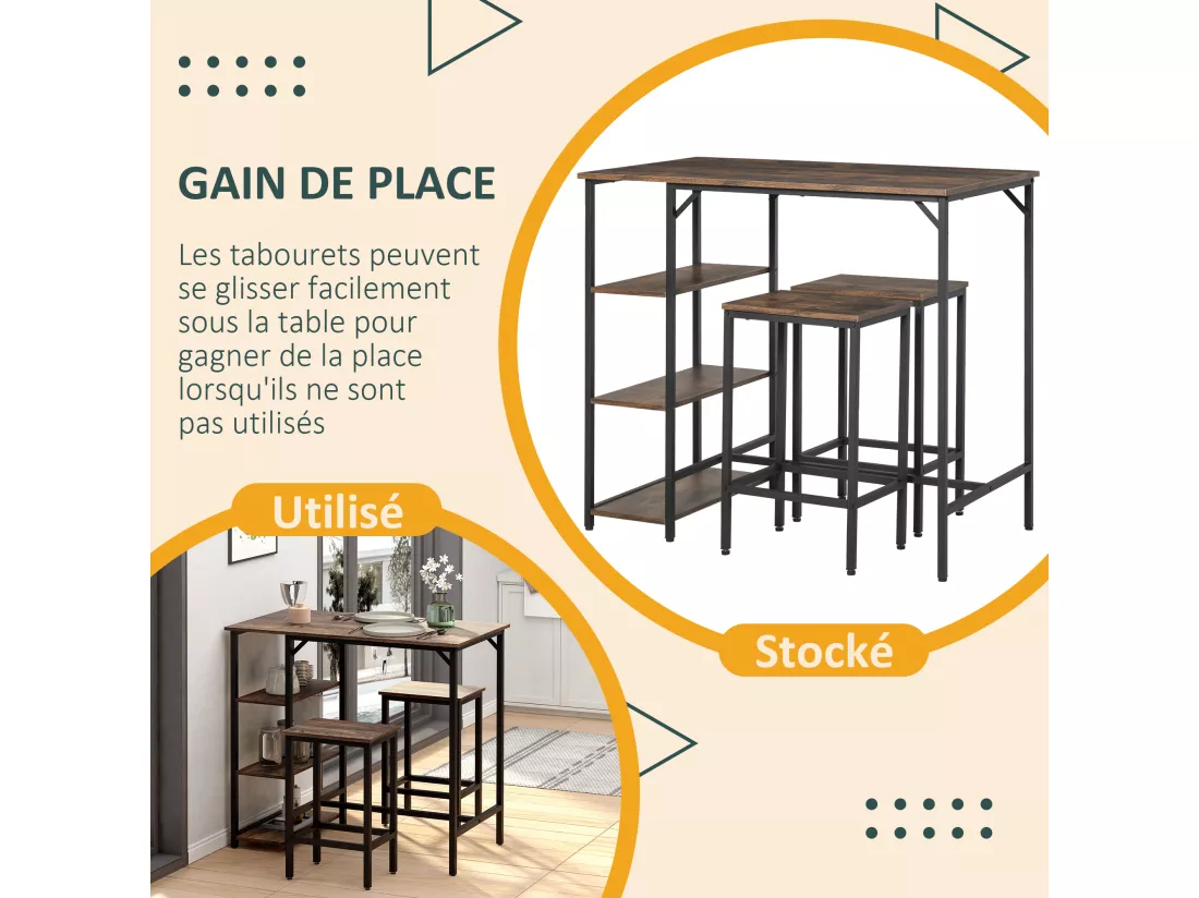 Ensemble table de bar 3 étagères 2 tabourets style industriel métal noir aspect vieux bois veinage