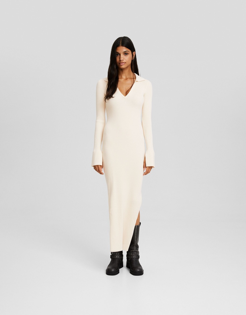 Vestido midi de manga comprida com gola polo