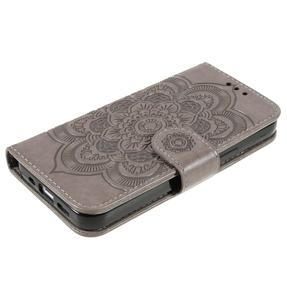 iPhone 13 Leder Tasche Wallet - Mandala Flowers Imprint - Grau