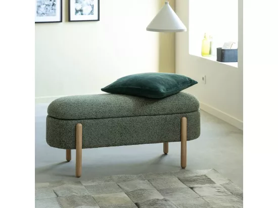 Banc en bois de pin et tissu bouclette vert Calya
