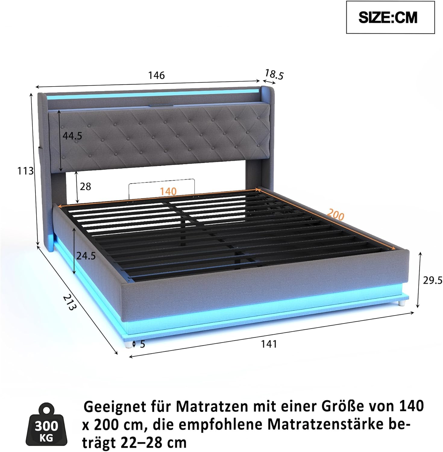 Polsterbett Doppelbett Bett 140x200 cm mit Stauraum und Kopfteil, Hydraulisches Stauraumbett mit USB und LED, Jugendbett Bettgestell mit Lattenrost, Leinen, Grau, Ohne Matratze