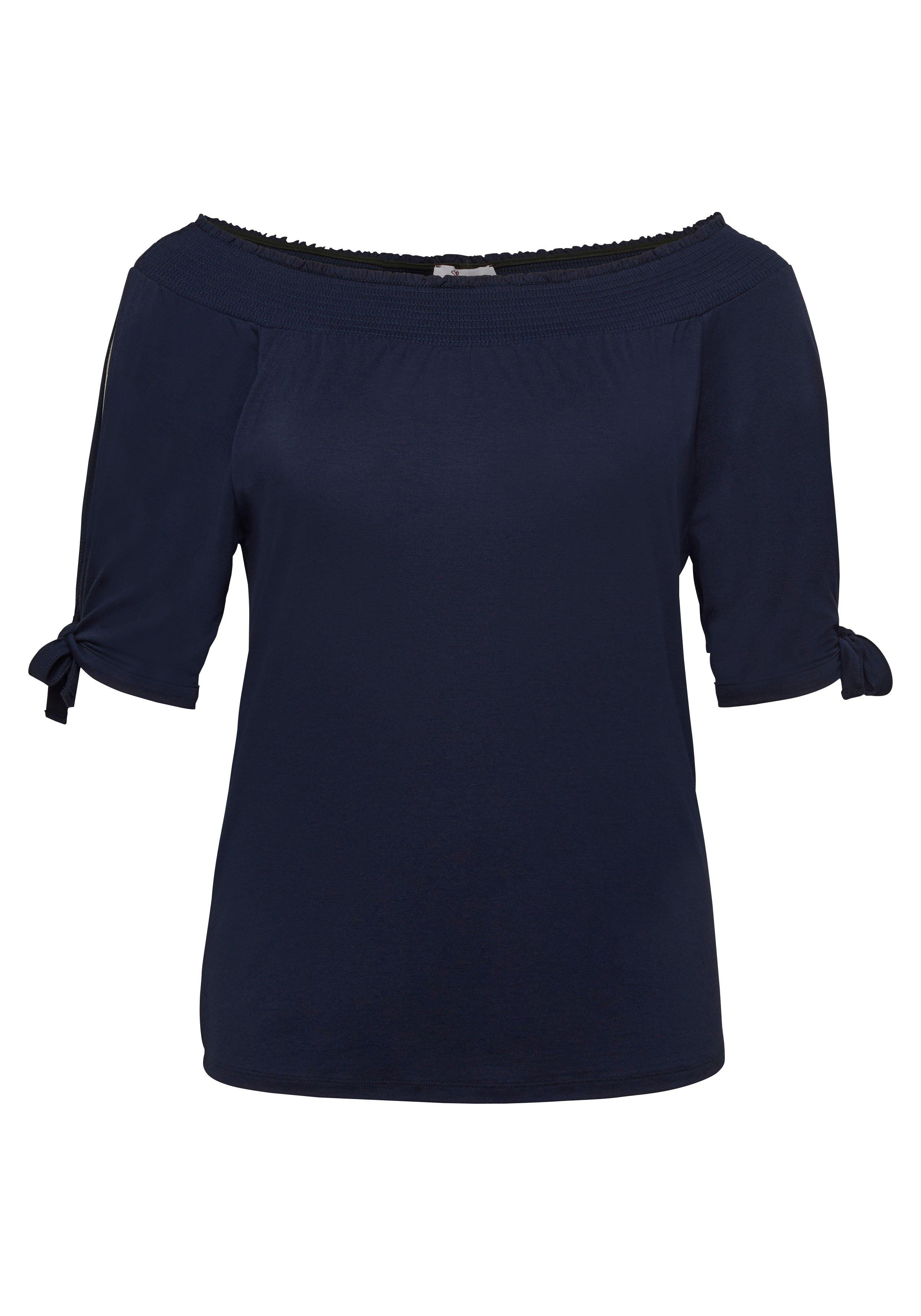 Carmenshirt mit Smokeinsatz und längerem Halbarm