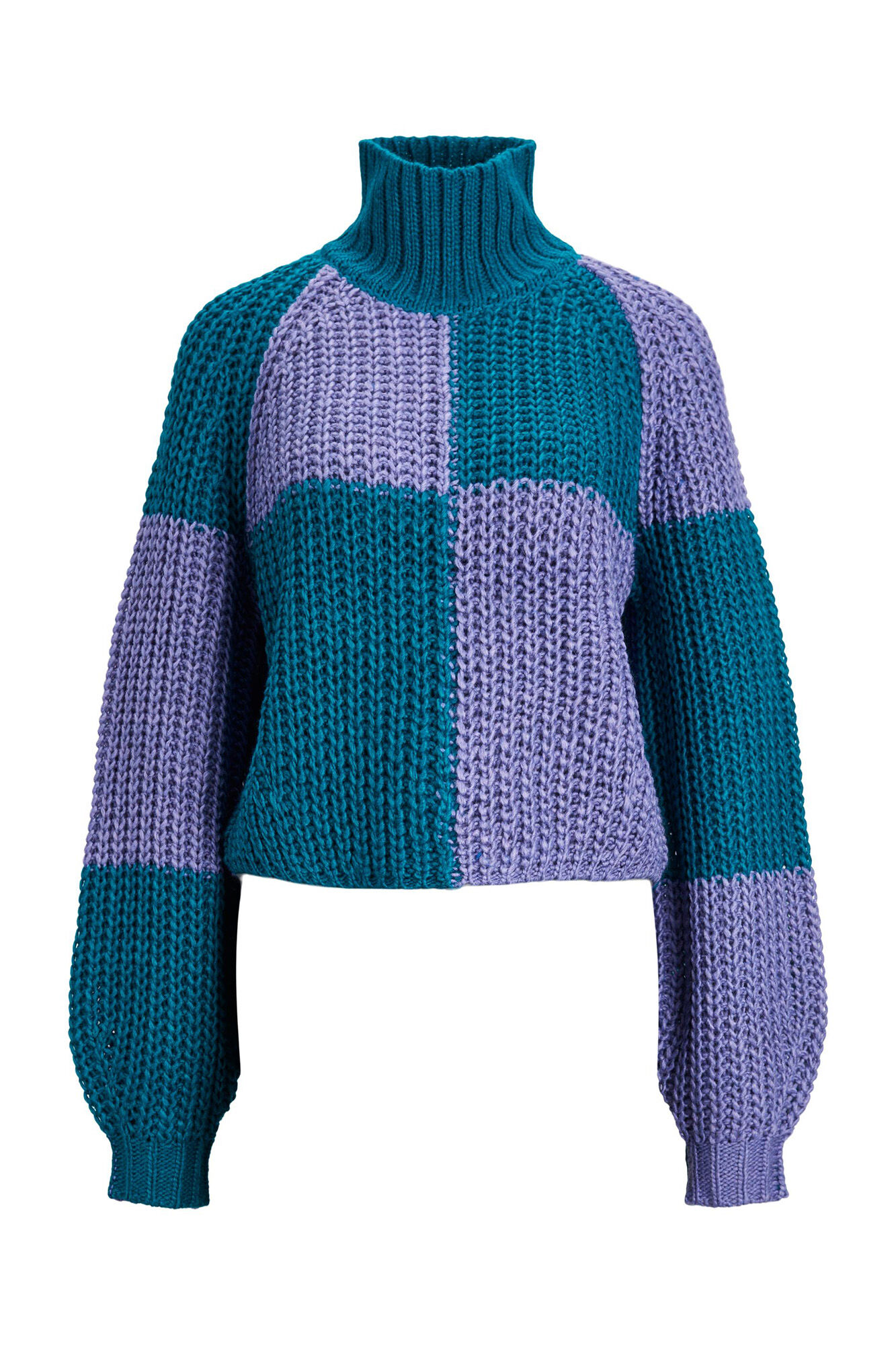 Suéter feminino bicolor de tricô grosso