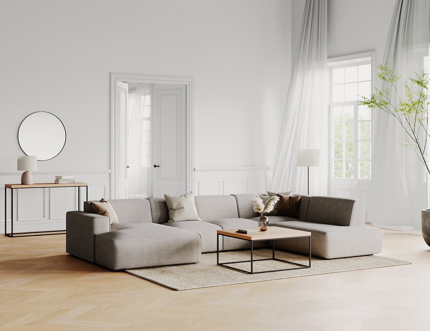 Enjoy U-sofa oppsett Sjeselong venstre liten , 2-seter, hjørne, åpen ende høyre liten i tekstil Brego 34 Stone med sorte ben