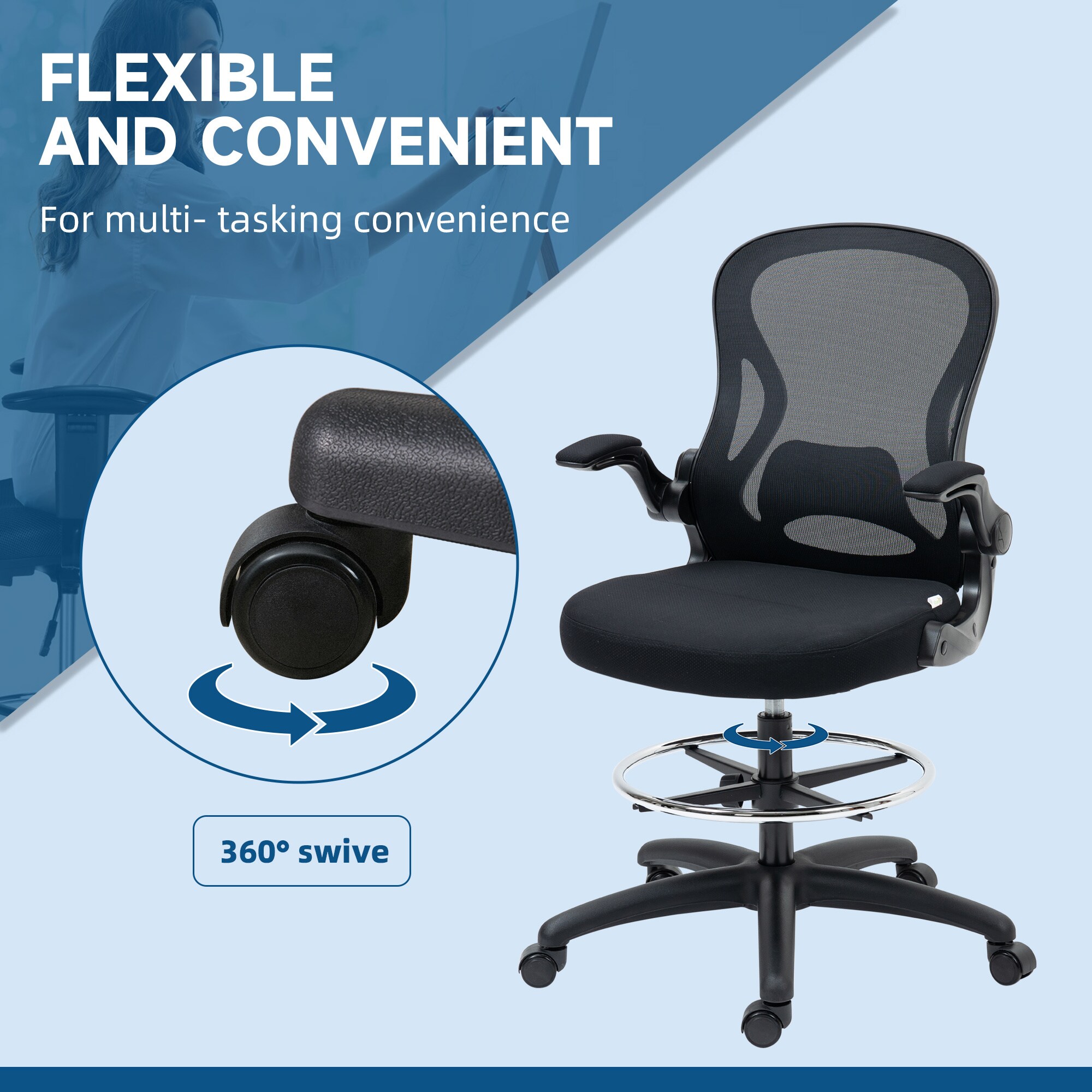 Vinsetto Bürostuhl ideal für Sitz und Stehplätze mit Armlehnen schwarz 59L x 65B x 110-130H cm