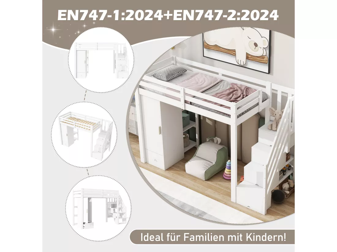 Lit mezzanine 90 x 200 cm avec armoire, 4 tiroirs et étagères de rangement - Pin + MDF - Blanc (sans matelas)