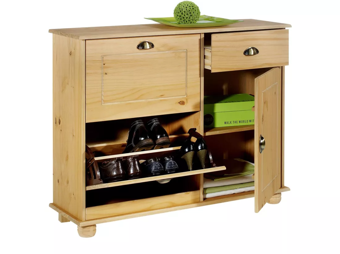 Meuble à chaussures COLMAR armoire rangement avec 2 abattants 1 tiroir et 1 porte avec 1 étagère, en pin massif finition cirée