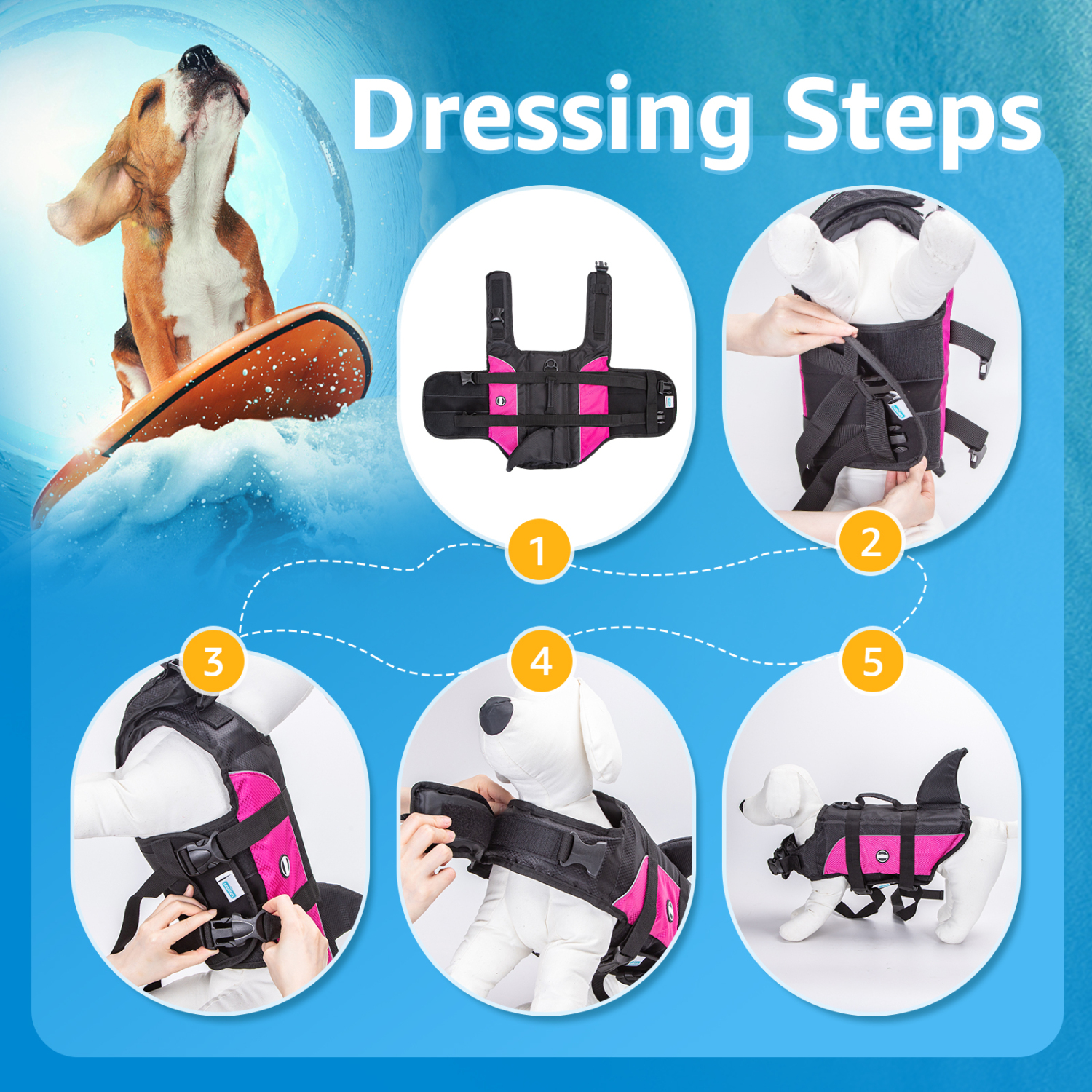 Nobleza - Colete salva-vidas para cães com barbatana de tubarão, boia para cães com faixas refletoras, colete de natação para cães com alça e alta flutuabilidade para natação, surfe e vela, rosa (G)