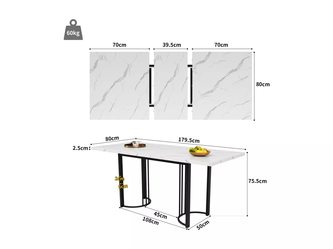 Table à manger escamotable（140-179.5x80cm)- en MDF & Métal - plateau effet marbre - Blanc