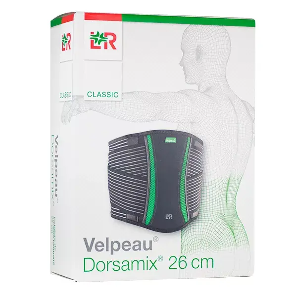 Cinto de suporte lombar Velpeau Dorsamix, 26 cm, tamanho 2, preto e verde.