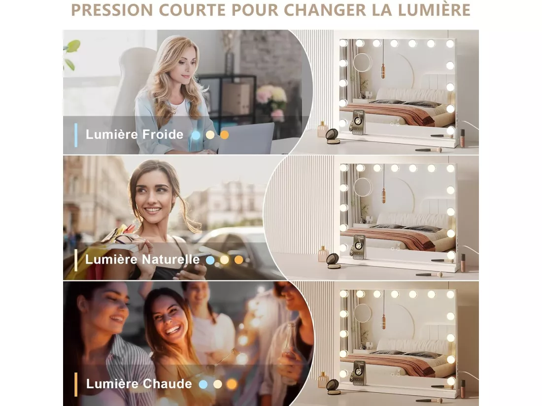 Miroir Hollywood avec Lampe et Haut - Parleur Bluetooth miroir de maquillage avec 15 ampoules LED dimmables 58 x 48 cm - Blanc