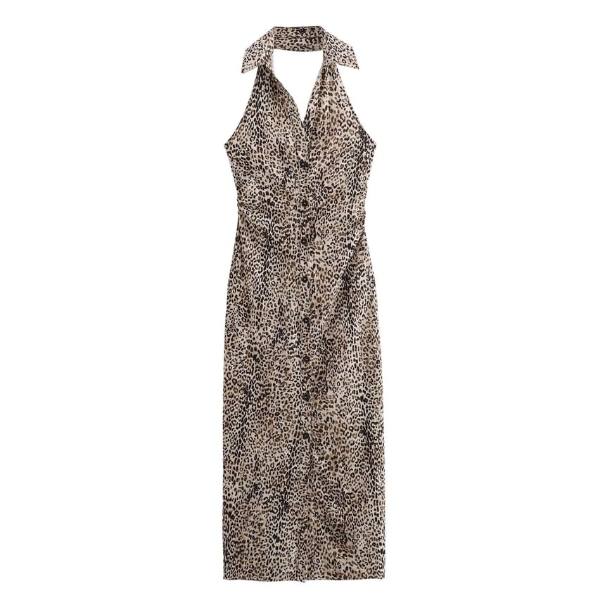 Sensarra - Halterkraag luipaardprint maxi-jurk met knopen