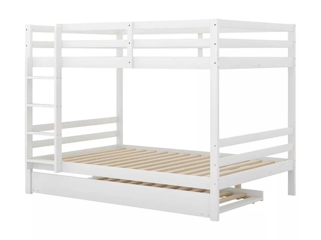 Lit superposé 2x140x200cm avec un lit gigogne 90x190cm - avec garde-corps et escalier - Blanc