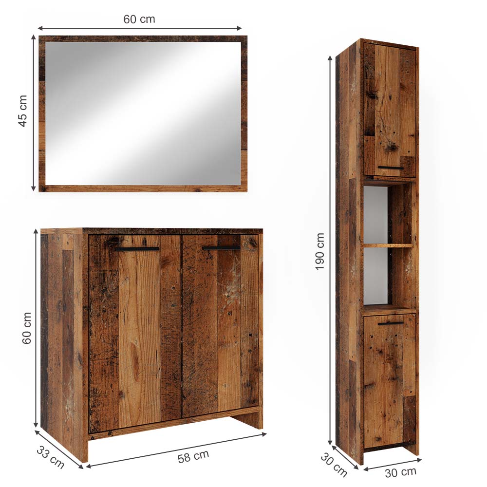 Vicco Badmöbelset Kiko Old Style modern Badezimmerschrank Badschrank Badezimmermöbel Waschtischunterschrank Badspiegel Hochschrank Schranktür Schrankfach Schrankregal