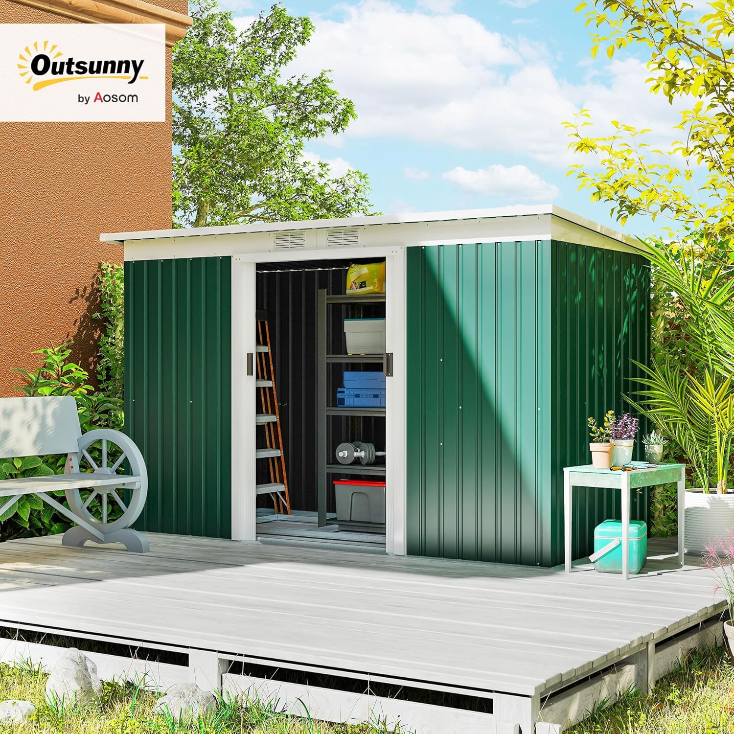 Outsunny Metall Gerätehaus 6,3m³ 280x130x172cm Geräteschuppen mit Pultdach Schiebetür wetterfest Gartenhaus Outdoor Garten Schuppen Schrank für Hinterhof Außenbereich Anthrazit, Dunkelgrün