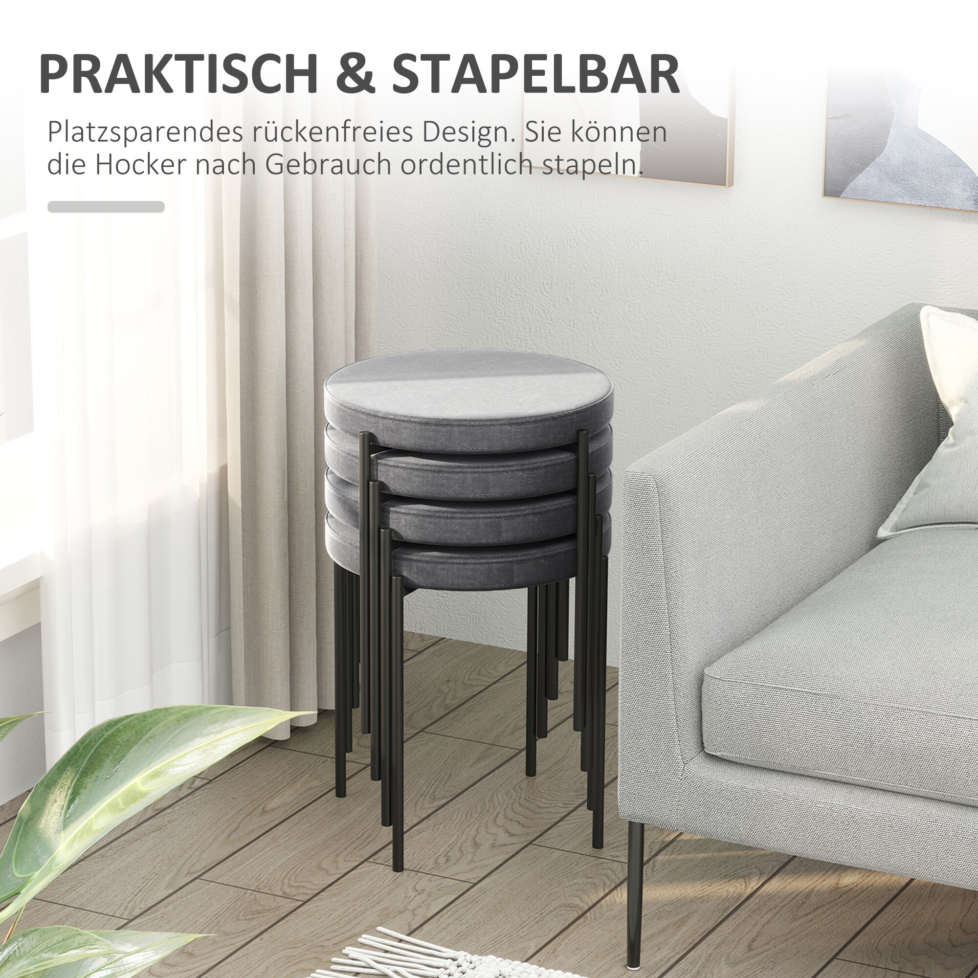 HOMCOM Hocker 4-teiliges Set mit Samtüberzug 41,5 x 41,5 x 46 cm (LxBxH)
