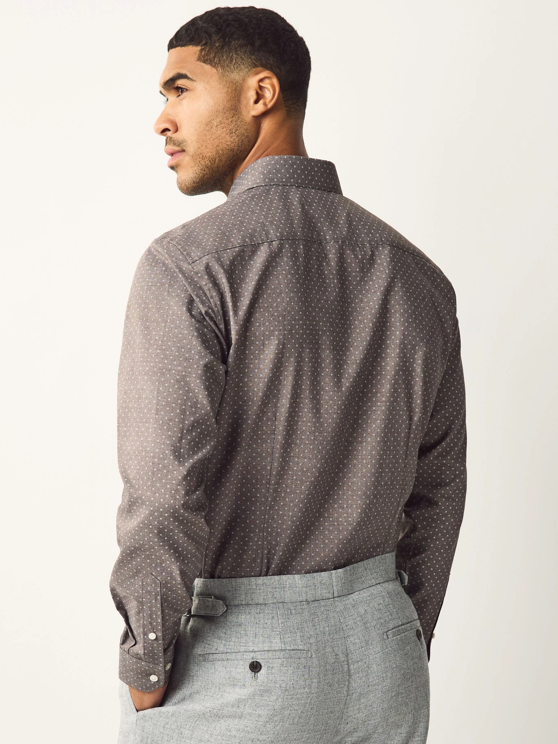 Witte Strepen/Antracietkleurige Print - Slim Fit - Strijkvrije slimme overhemden met enkele manchet 2 pak